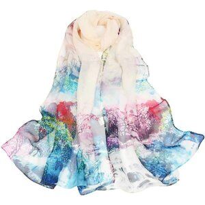 Scarfs Lightweight Print Floral Oil Painting&light Blue